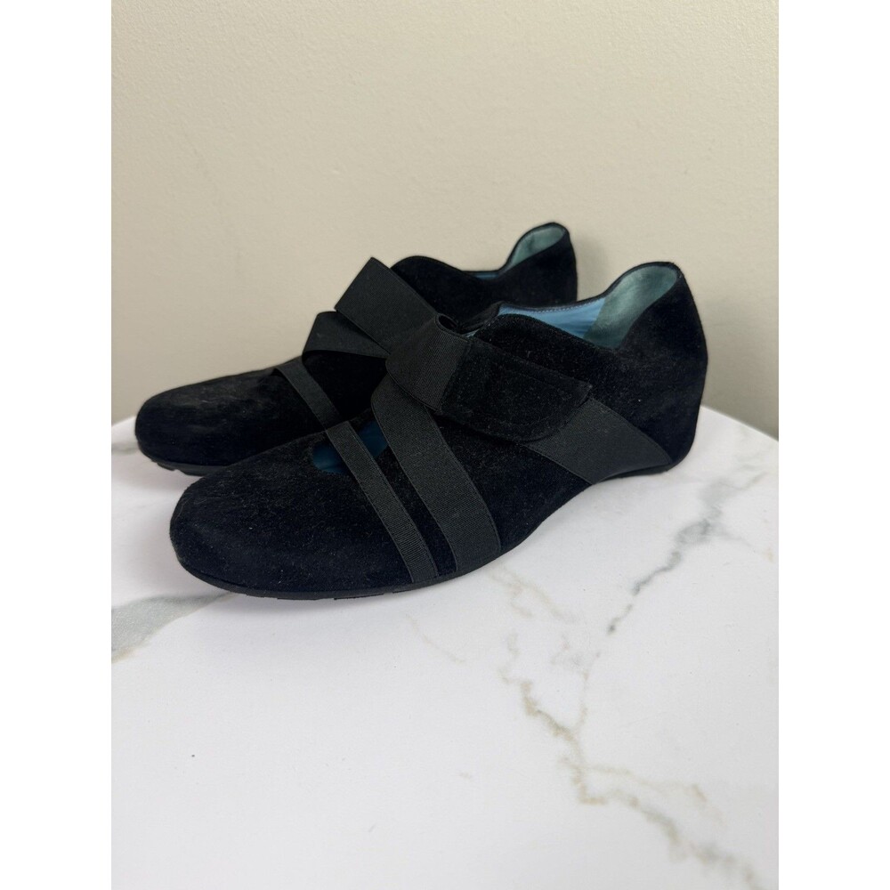 Thierry Rabotin Black Suede Elastic Strap Wedge Mary Jane Shoes EU 36.5 Italy